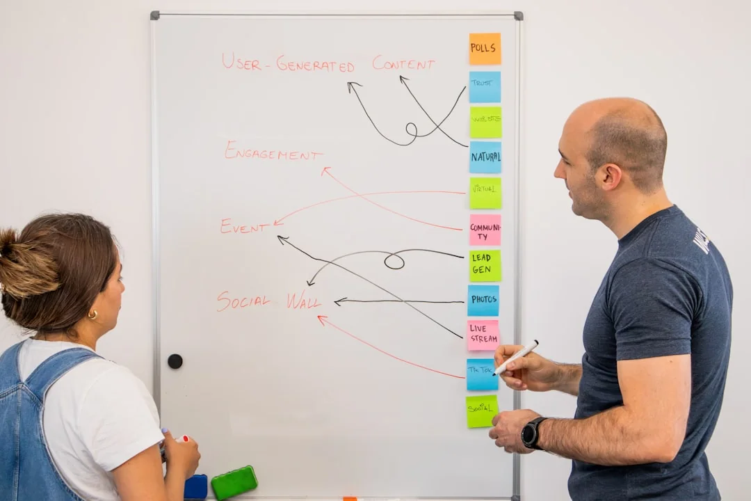 Womans hand writing the word audience on a whiteboard, with arrows.